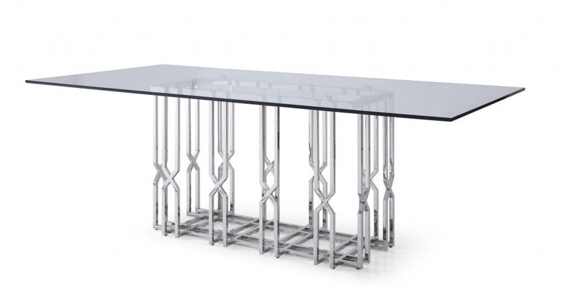 87" Glass And Stainless Steel Pedestal Base Dining Table - Clear