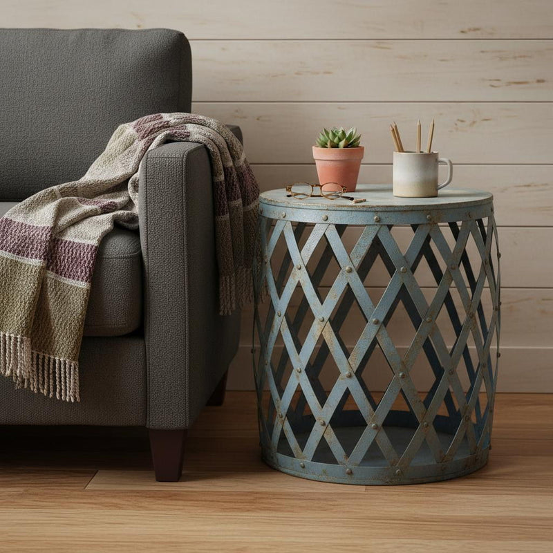 Rustic Iron Lattice Round Top End Table - Light Blue