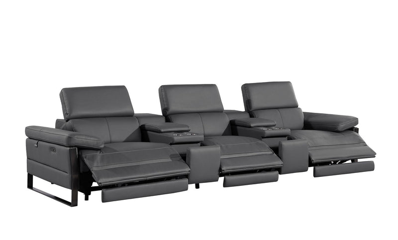 Top Grain Leather Reclining Metal USB Sofa (720340) - Dark Gray