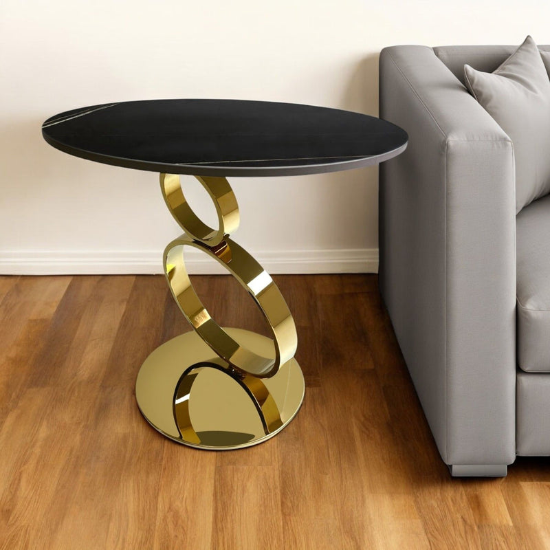 21" Stone And Stainless Steel Round Pedestal End Table - Black And Gold