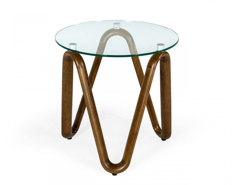 Glass Solid Wood Ribbon Base Round End Table - Walnut And Clear
