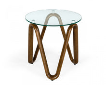 Load image into Gallery viewer, Glass Solid Wood Ribbon Base Round End Table - Walnut And Clear
