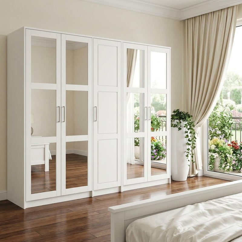 Solid Wood Mirrored Five Door Combo Dresser (765118) - White