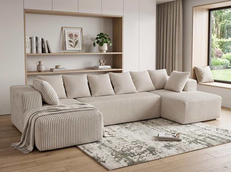 Corduroy Modular U Shaped Three Piece Sofa And Chaise Sectional With Console And Toss Pillows - White
