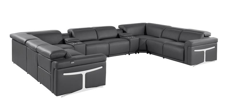 Italian Leather Power Reclining U Shaped Ten Piece Corner Sectional With Console - Dark Gray