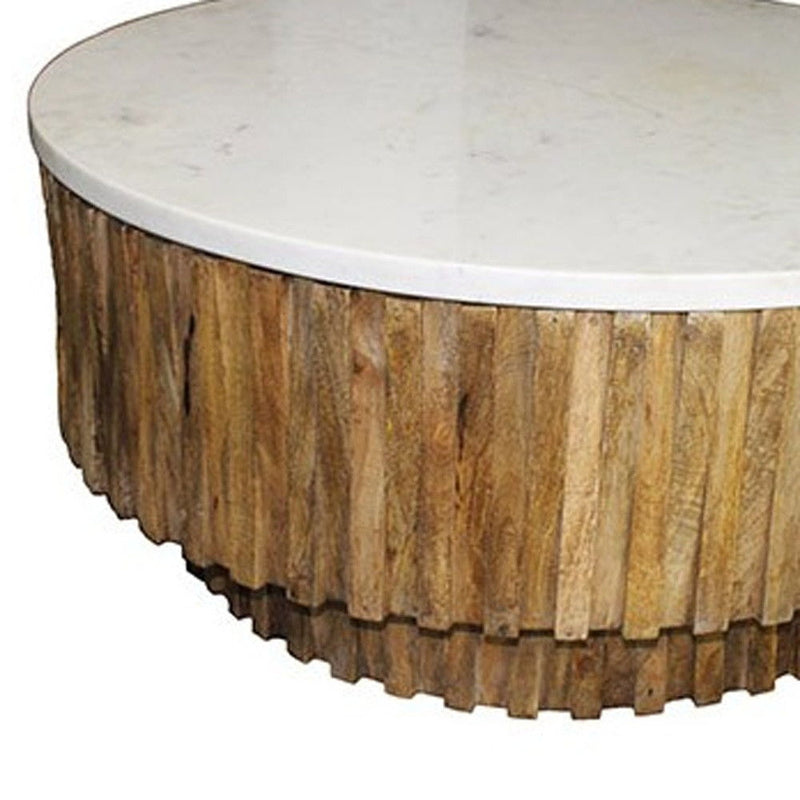 Round Marble Top And Wooden Strips Coffee Table - Brown and White
