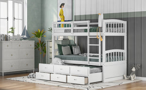 Twin over Twin Wood Bunk Bed with Trundle and Drawers,White