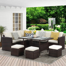 Load image into Gallery viewer, 7-Pieces PE Rattan Wicker Patio Dining Sectional Cusions Sofa Set with Ivory cushions
