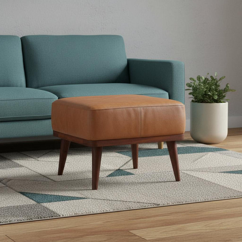 Leather Round Footstool (719521) - Brown