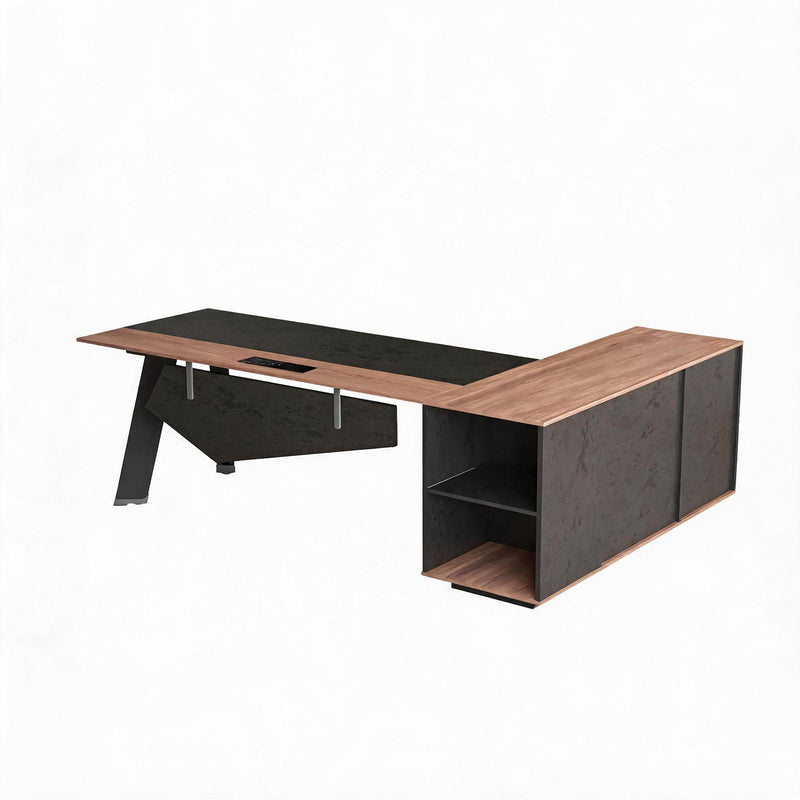 Wood And Steel L Shape Pedestal Executive Desk With Four Cabinets - Black And Brown