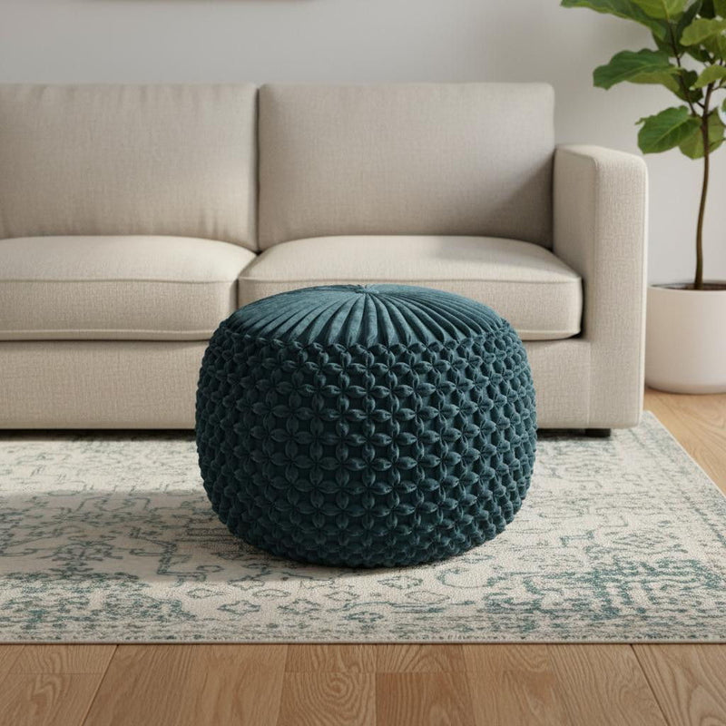 Round Velvet Pouf Ottoman - Blue