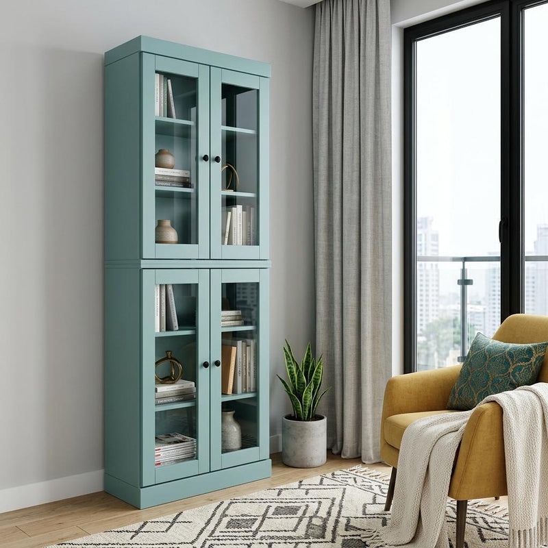 Solid Wood Adjustable Six Tier Library Bookcase With Four Doors (745694) - Aqua