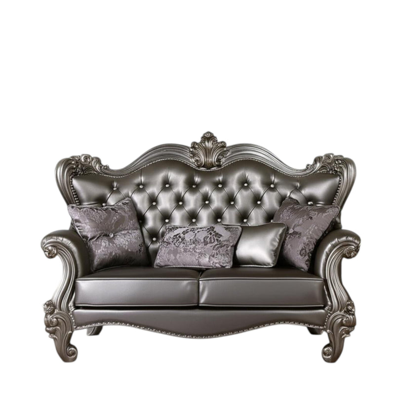 Faux Leather Loveseat And Toss Pillows - Silver / Platinum