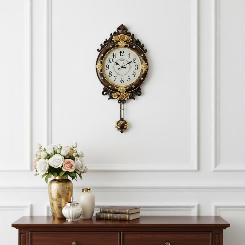 Silent Pendulum Ornate Oval Wall Clock - Brown / Gold / White