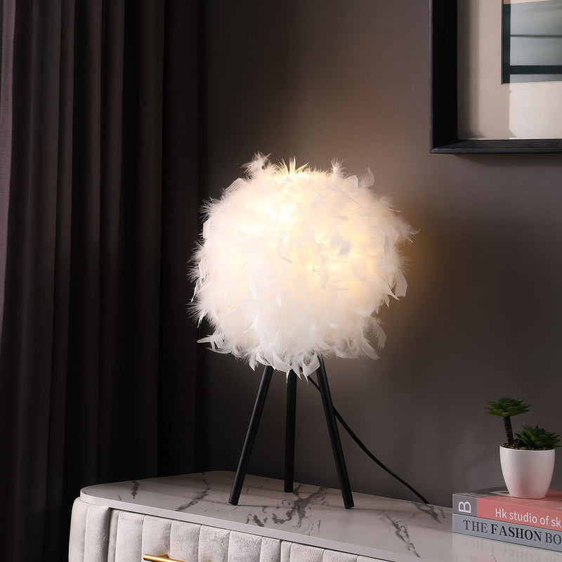 Faux Feather Tripod Table Lamp - Black And White