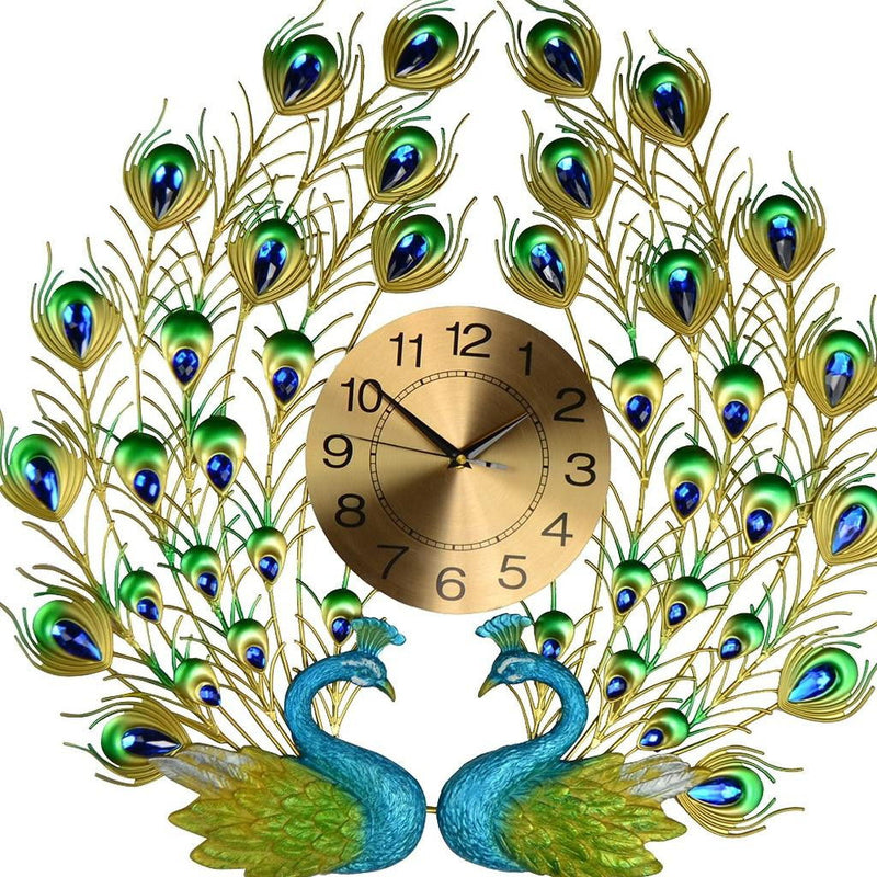 Silent Analog Peacock Novelty Wall Clock - Blue / Gold / Green