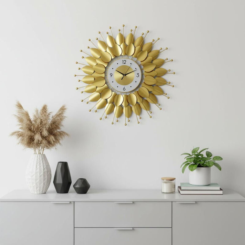 Silent Analog Floral Sunburst Wall Clock - Gold / White