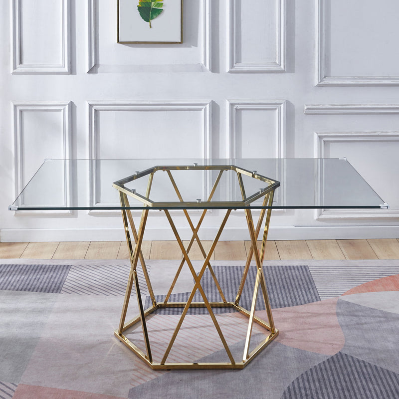 63" Glass And Metal Geo Pedestal Base Dining Table - Gold