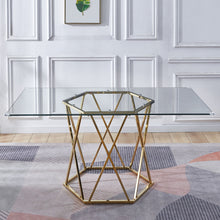 Load image into Gallery viewer, 63" Glass And Metal Geo Pedestal Base Dining Table - Gold

