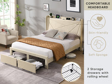 Load image into Gallery viewer, Full Size Bed Frame with 2 Storage Drawers, Upholstered Bed Frame with Wingback Headboard Storage Shelf Built-in USB Charging Stations and Strong Wood Slats Support, No Box Spring Needed, Beige
