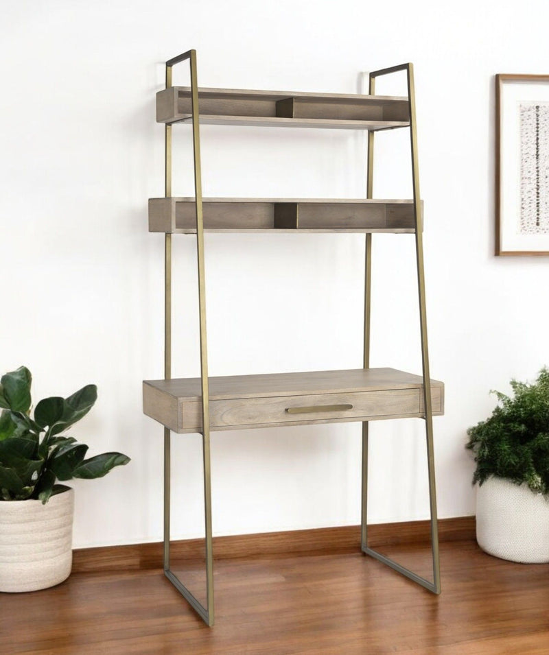 42" Solid Wood And Metal Sled Ladder Desk - Brown And Gold