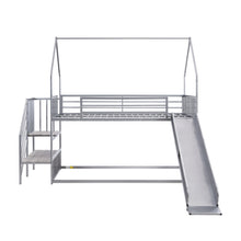 Load image into Gallery viewer, Twin over Twin Metal Bunk Bed House Bed with Slide and Staircase, Silver
