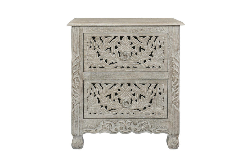 Solid Wood Square Distressed Carved Floral Two Drawer Nightstand - Gray