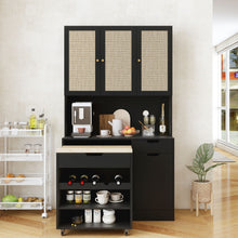 Load image into Gallery viewer, Kitchen Pantry Storage Cabinet, Modern Buffet Cabinet With Kitchen Cart, Tall Kitchen Hutch Cabinet With Microwave Stand, Food Pantry Cabinet With 3 Rattan Doors And Adjustable Shelves - Black
