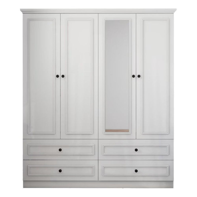 71" Carved Geometric Mirro Four Door Four Drawer Combo Dresser - White