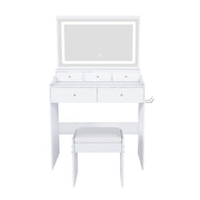 Load image into Gallery viewer, Modern Makeup Vanity Set With Power Outlet, Hair Dryer Holder, And Adjustable Lighting
