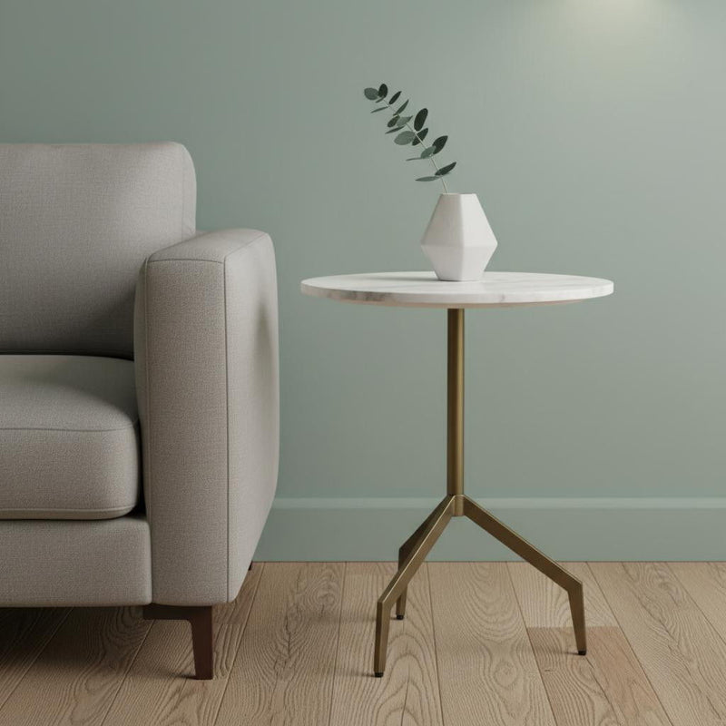 Stone And Iron Oval End Table - White / Gold