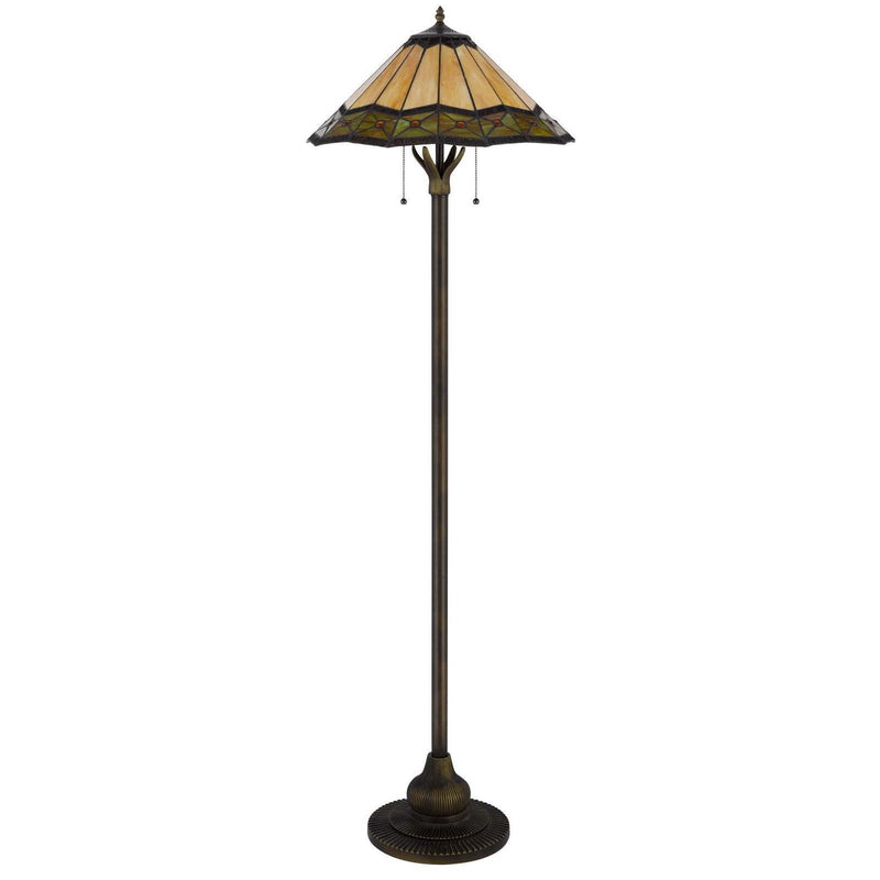 Metal Two Light Floor Lamp With Bone Green And Orange Abstract Tiffany Glass Empire Shade - Bronze