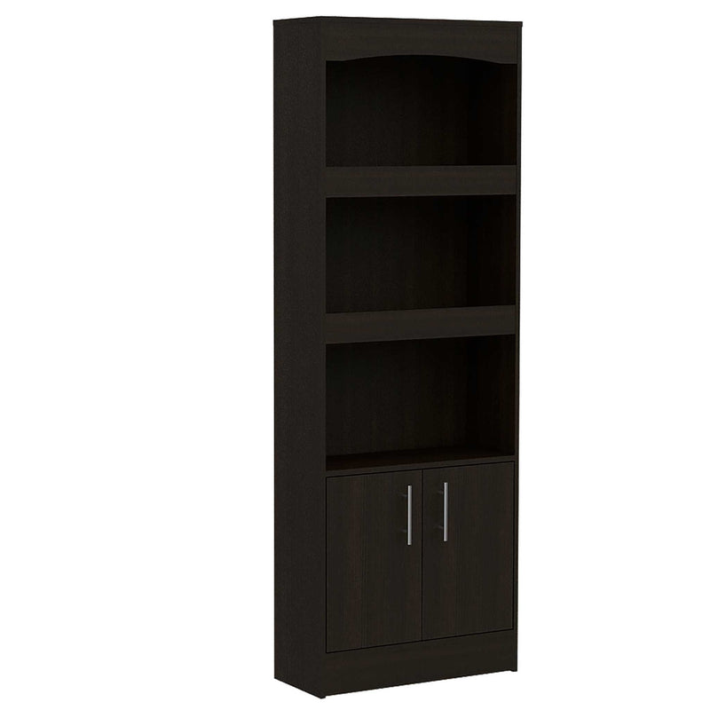 Wood Three Tier Bookcase With Two Doors - Light Gray