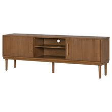 Load image into Gallery viewer, TV Stand With Vertical Slatted Doors And Sliding Panels, Solid Wood Legs - Brown
