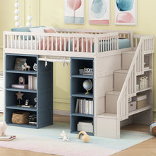 Load image into Gallery viewer, Full Size Loft Bed With 2 Four Layer Storage Cabinets And Curtain With Built In Staircase And Privacy Curtain - White
