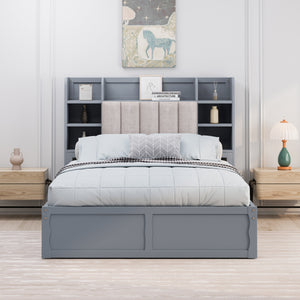 Multi-functional Full Size Bed Frame with 4 Under-bed Portable Storage Drawers and Multi-tier Bedside Storage Shelves, Grey