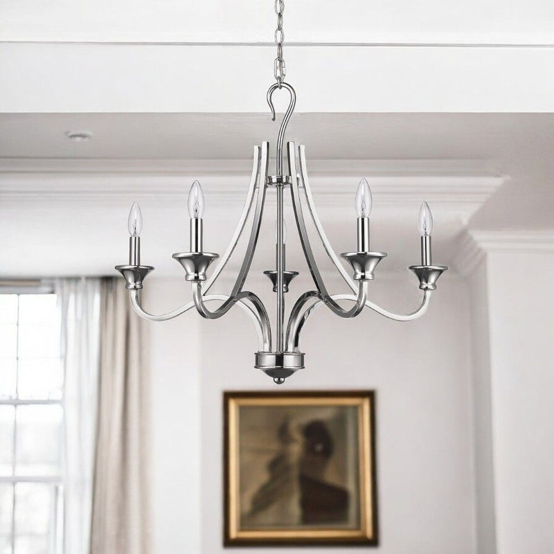 Candle Style Five Light Metal Dimmable Chandelier - Nickel