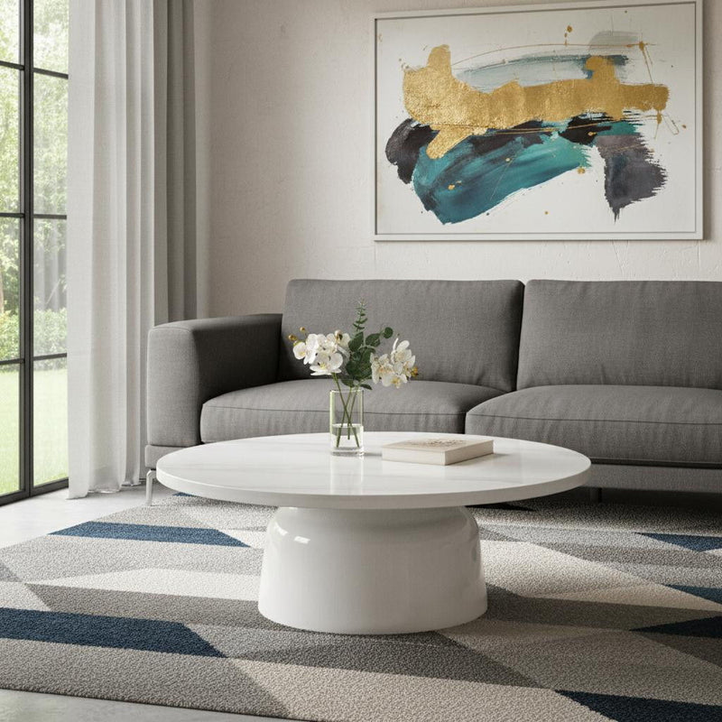Faux Marble Wood Round Pedestal Coffee Table - White