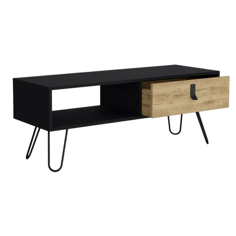 41" Wood And Metal Coffee Table With Drawer And Shelf - Black And Oak