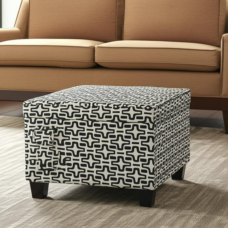 25" Polyester Blend Geometric Storage Ottoman - Black And White