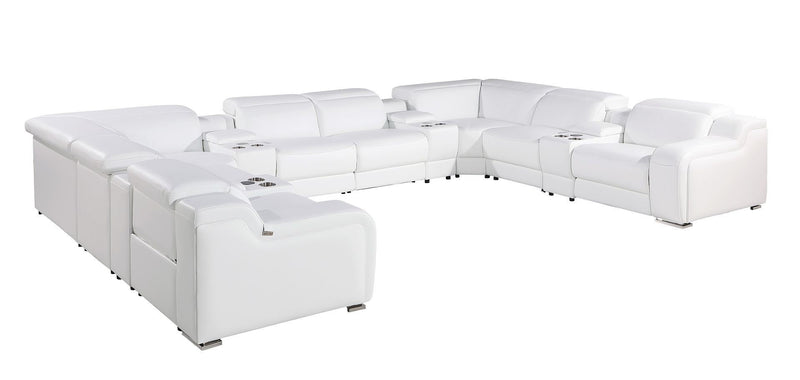 Italian Leather Power Reclining U Shaped Twelve Piece Corner Sectional With Console - White