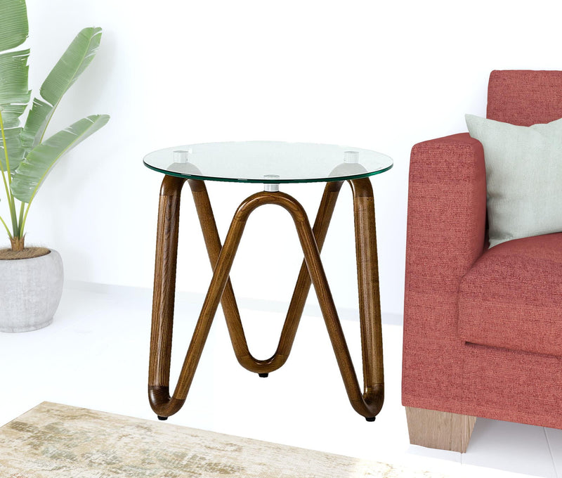 Glass Solid Wood Ribbon Base Round End Table - Walnut And Clear