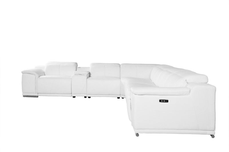 Italian Leather Power Reclining Seven Piece Corner Sectional With Console - White