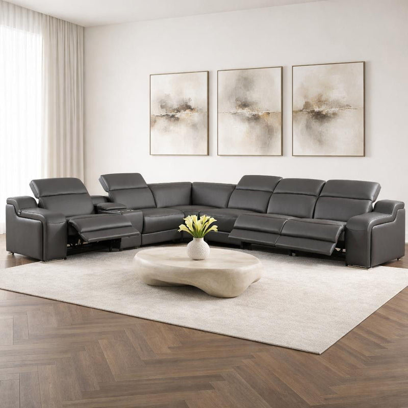 Italian Leather Power Reclining Curved 7 Piece Corner Sectional With Console - Gray