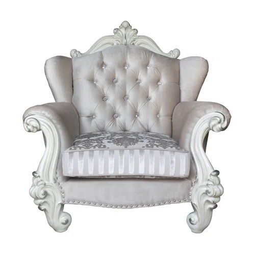 Fabric Damask Tufted Chair And A Half And Toss Pillows - Ivory And Antiqued White