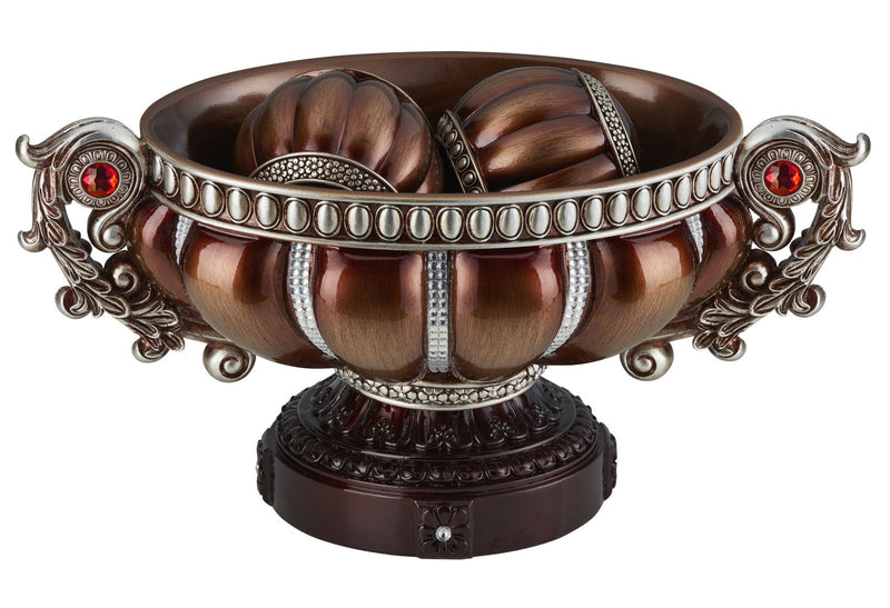 Reddish Poly Decorative Bowl With Orbs - Red / Bronze