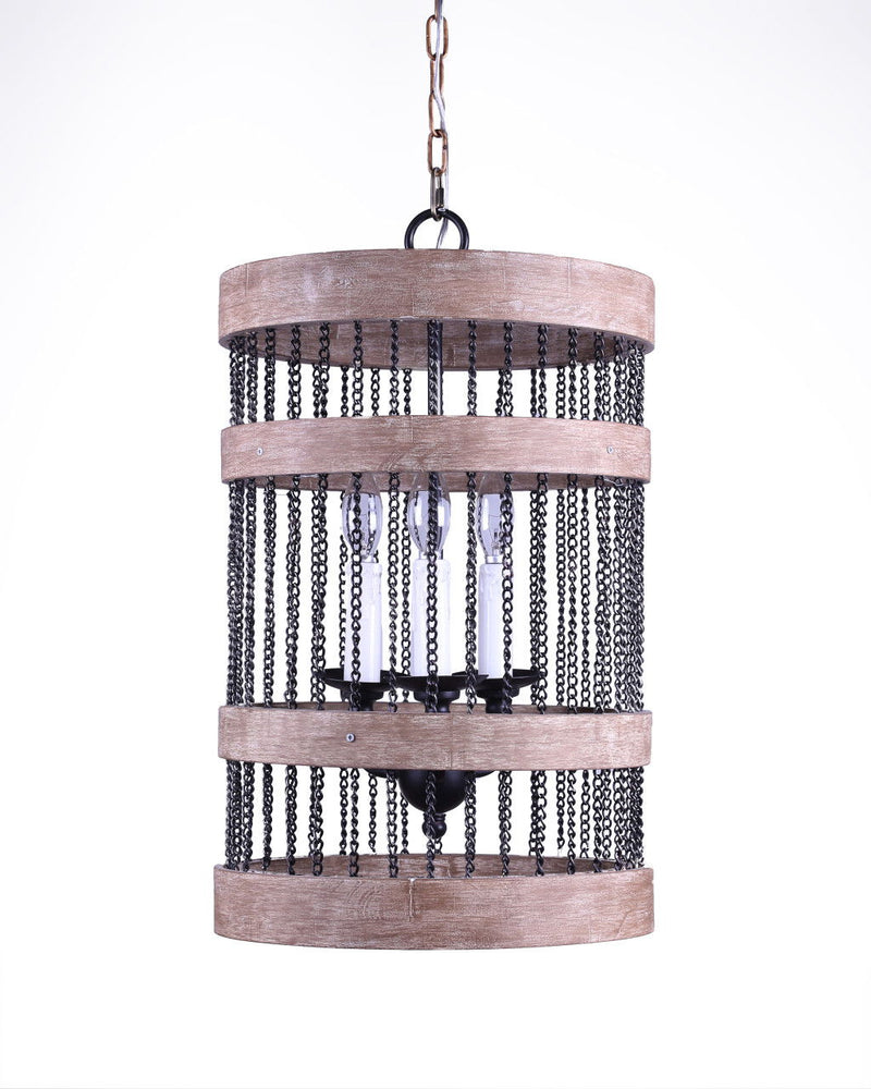 Wood And Metal Cylinder Three Light Dimmable Chandelier - Black / Natural