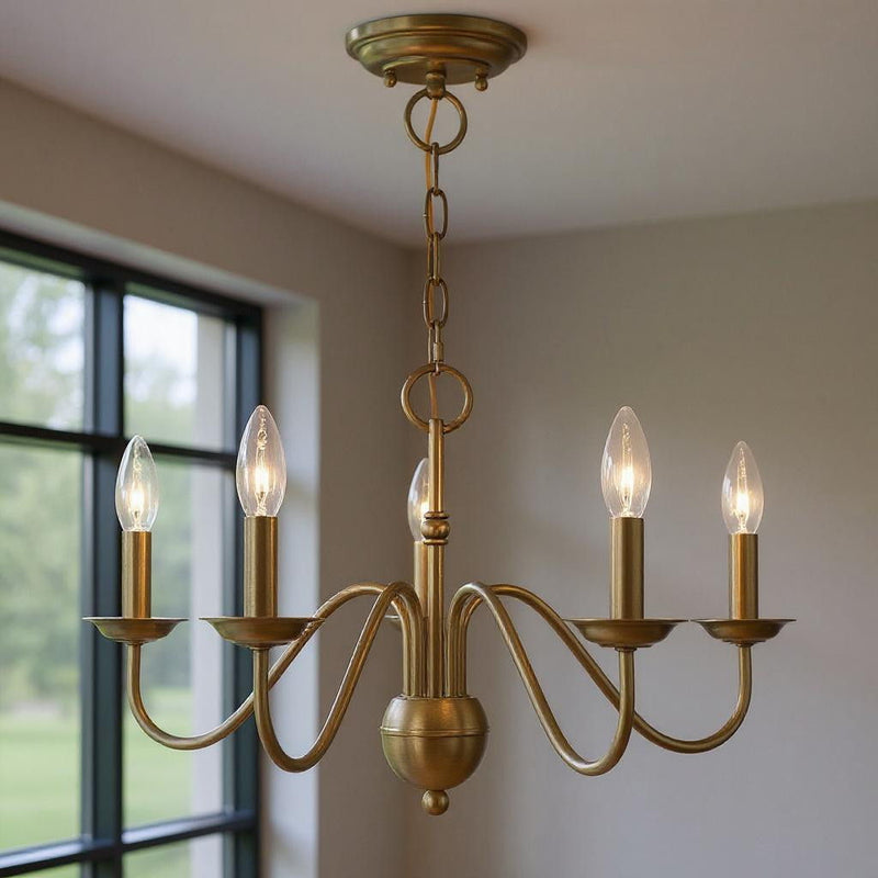 13" Five Light Dimmable Chandelier With Shades - Antiqued Brass
