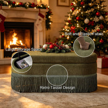 Load image into Gallery viewer, Oval Upholstered Storage Ottoman With Fringe Trim &amp; Lift Top Lid
