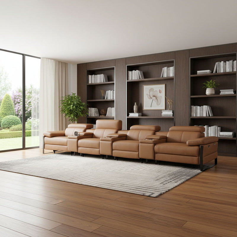 Top Grain Leather Reclining Metal USB Sofa (720353) - Chestnut